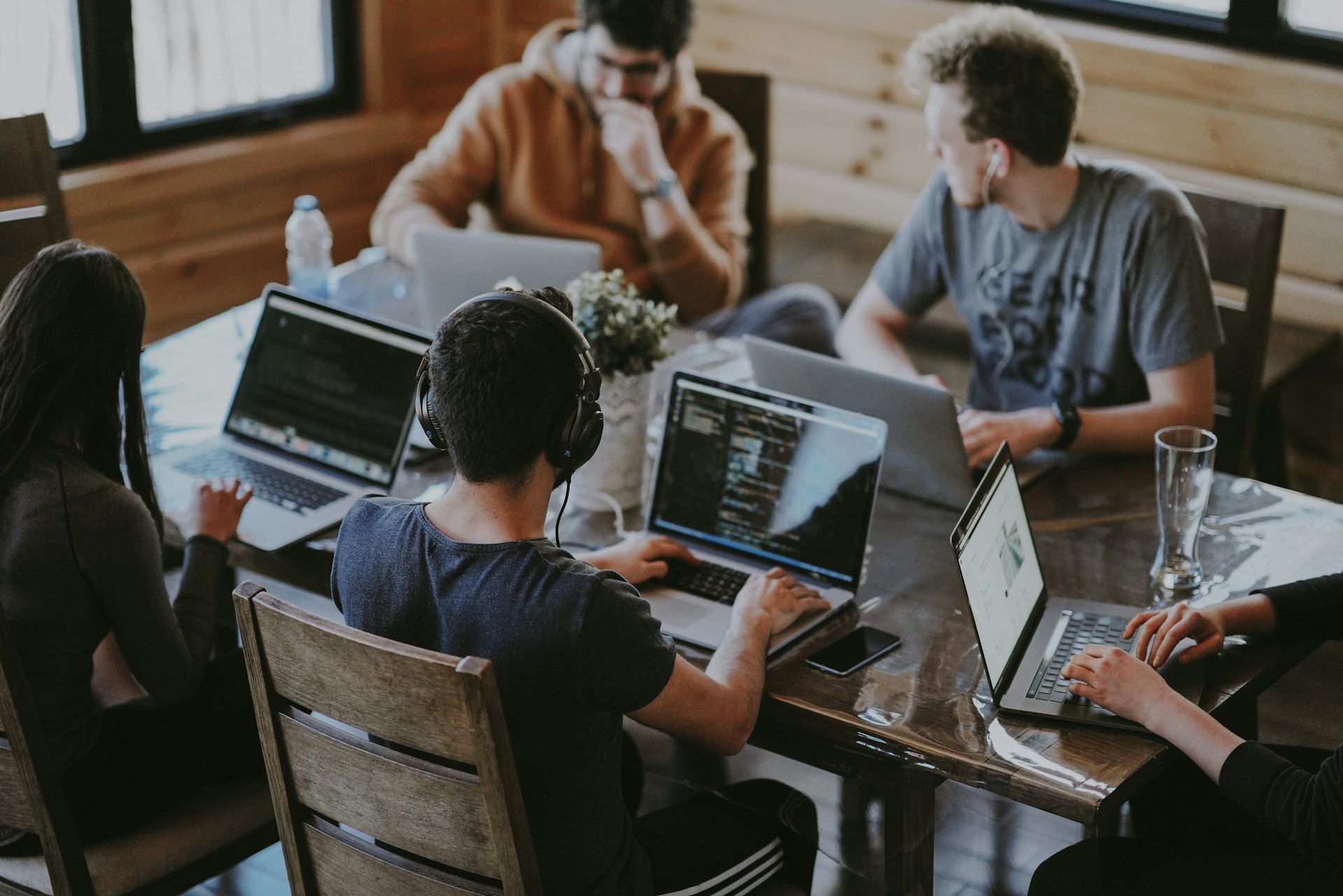 Diverse team collaborating in a modern workplace