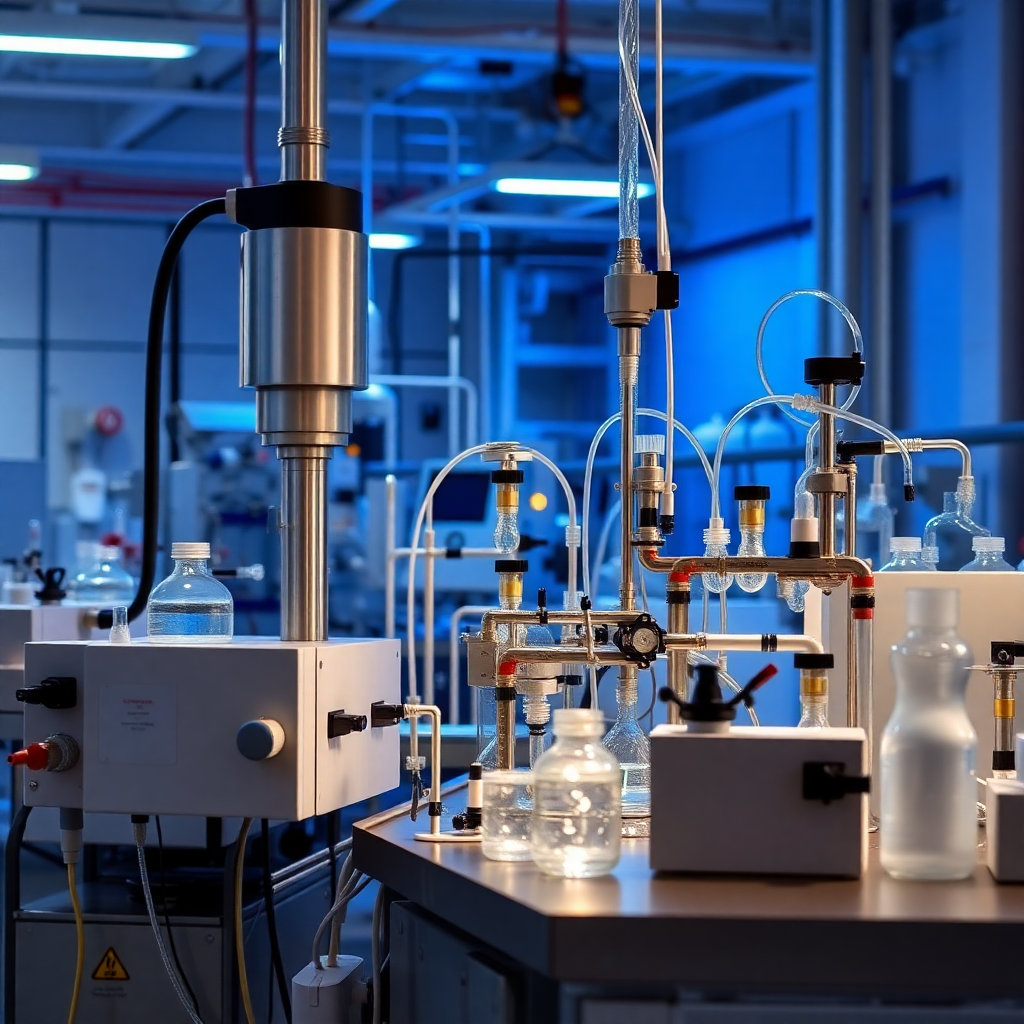 custom chemical manufacturing precision equipment controlled synthesis process industrial facility blue lighting