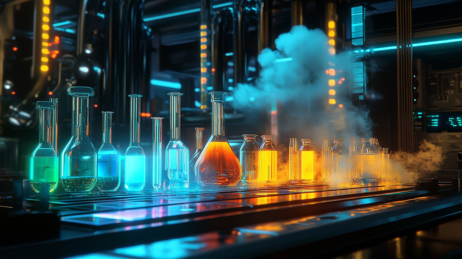 innovative advanced materials research futuristic laboratory glowing samples cutting edge technology purple magenta lighting